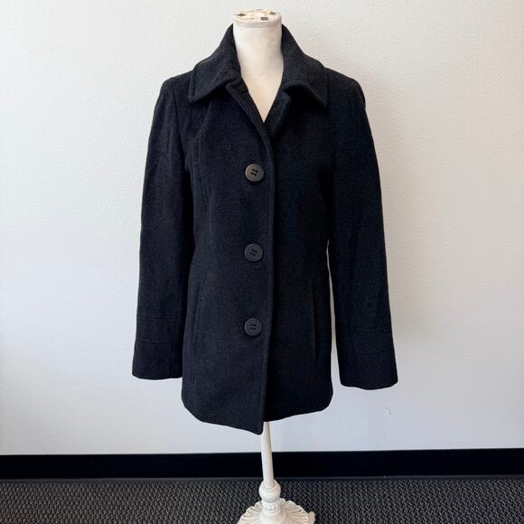 Calvin Klein Women's Black Warm Winter Wool Blend Pea Coat Button Up Size 6 - Picture 1 of 11